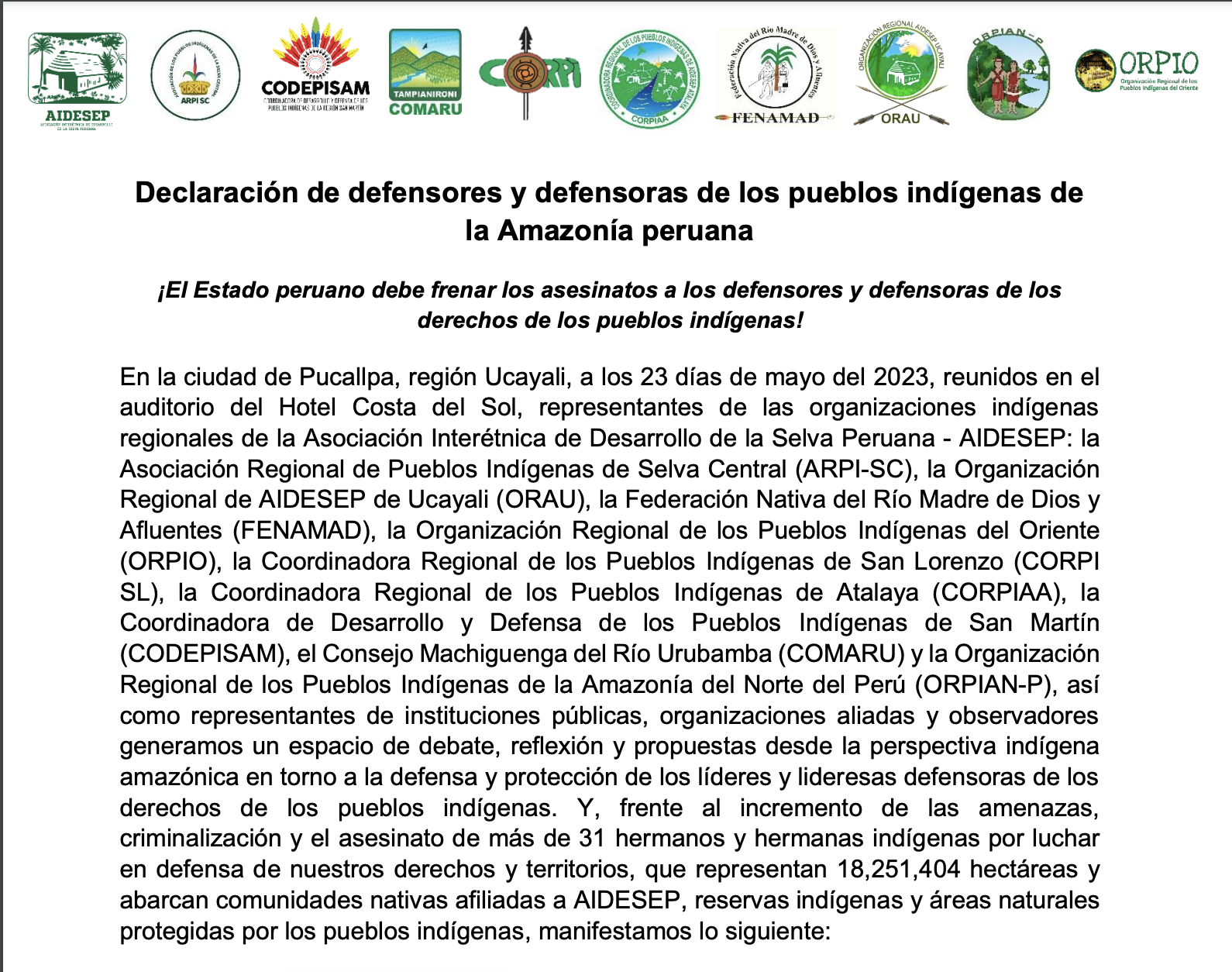 Organizaciones Indí­genas Amazónicas firman Declaratoria exigiendo el respeto a la vida de los defensores y defensoras ambientales